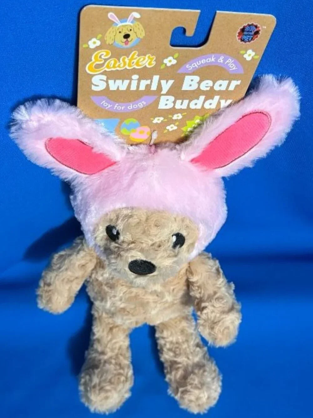 NEW  FUN & ADORABLE SWIRLY BEAR BUDDY DOG TOY WITH CRINKLE BUNNY EARS & SQUEAKER